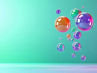 A collection of colorful, translucent spheres of various sizes float against a gradient teal background, with a reflective surface at the bottom.