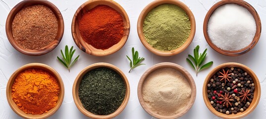 Close up of vibrant spices in rustic wooden bowls captured from above for culinary inspiration