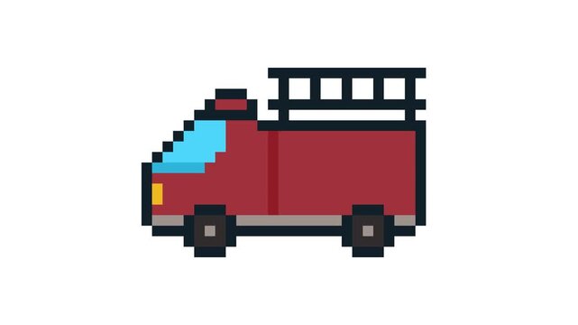 8-bit pixel art firetruck side biew. looped animation 4k 30fps