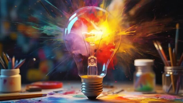 A lightbulb bursts with vibrant paint, artistic elements surround, implying creative thought