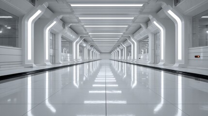 Fototapeta premium Futuristic Hallway with Sleek White Walls, Bright Lighting, and Reflective Floors in a Modern Sci-Fi Environment for Technology and Design Concepts