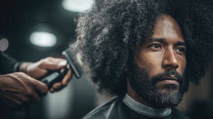 Afro hairstyle grooming with electric clipper and comb, man with curly hair and beard in barbershop focused on haircut