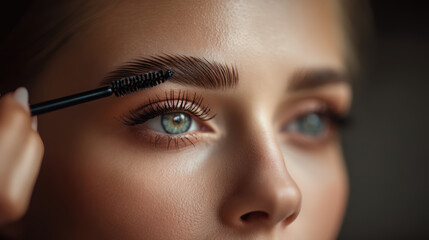 Eyebrow grooming with brush close up on green eye woman face with natural skin and long eyelashes applying makeup