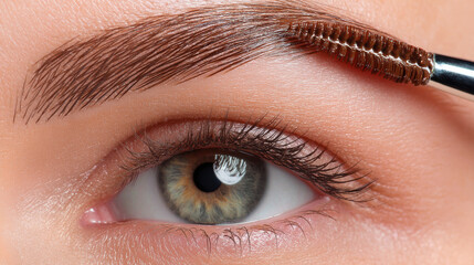 Eyebrow grooming with brown eyebrow mascara brush on natural skin closeup, enhancing beauty with precise makeup application