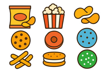 A colorful and eye-catching illustration featuring a variety of popular snack and sweet food items, perfect for menus, packaging, or promotional materials