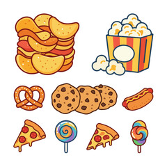 A flat cartoon illustration of various snack foods, including potato chips, popcorn, pretzels, cookies, hot dogs, pizza slices, and lollipops. Perfect for menus, packaging design, or other food-relate