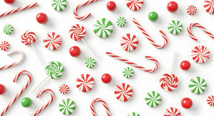 Candy background of various shapes and colors on a white background