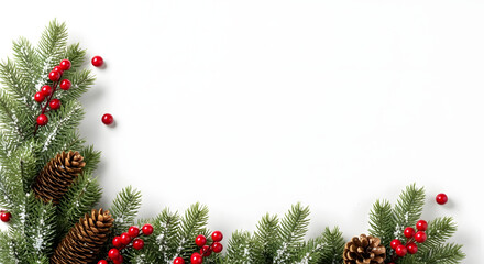 Christmas Pine Branch Border with Red Berries and Pine Cones on White Background