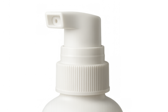 White plastic pump spray bottle head detail creating a fine mist, cosmetic dispenser with a transparent background