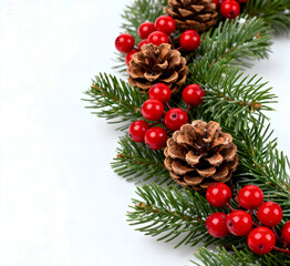 Christmas Pine Branch Semicircle Decoration with Red Berries and Pine Cones on White Background