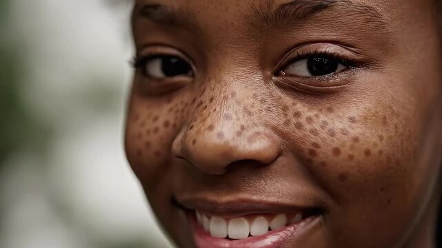 Close up portrait of a young Black woman with natural freckles adorned with shimmering bronze glitter on her cheeks and eyes, soft focus background bokeh