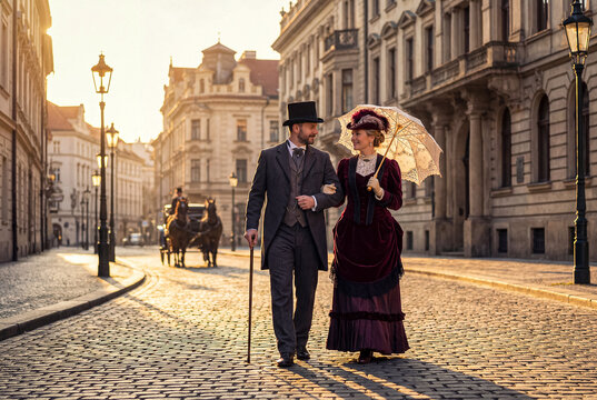 Victorian couple in golden light - a well-dressed Victorian couple, the woman with a parasol, walks down a sunlit cobblestone street in a European city.