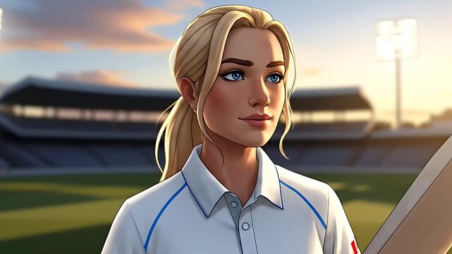 Confident Woman Cricketer in Uniform with Bat.