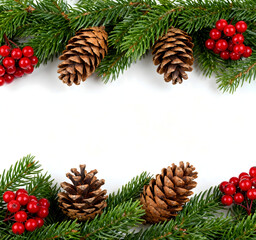 Christmas Pine Branch Border with Red Berries and Pine Cones on White Background