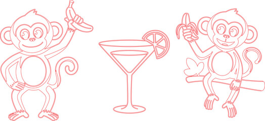 Outlined Cartoon Monkeys with Bananas and a Cocktail in Red on White