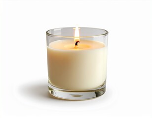 Elegant candle burning gently in clear glass holder, creating a cozy ambiance perfect for relaxation, meditation, or spa atmosphere with calming light