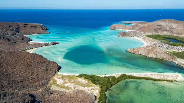 Aerial view of Balandra beach in La Paz, Baja California Sur, Mexico photo of panoramic landscape background 