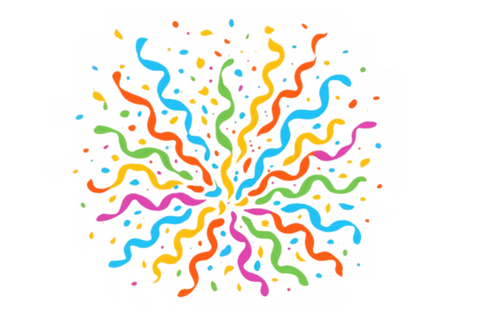 Colorful exploding confetti and streamers vector with transparent background, festive celebration element for parties and events