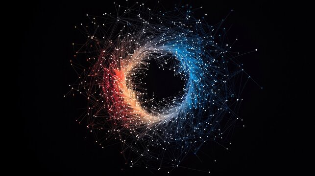 A dynamic, abstract circular pattern of interconnected glowing dots and lines, transitioning from red to blue, set against a dark background. - Powered by Adobe