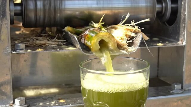 Fresh Green Sugarcane Juice Extraction Machine Processing Natural Sweet Beverage Pouring into Transparent Glass Outdoor Natural Sunlight