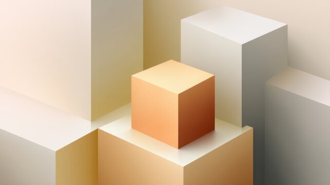 Abstract geometric composition featuring cubic shapes in soft pastel colors with smooth gradients and clean lines for modern design and art concepts