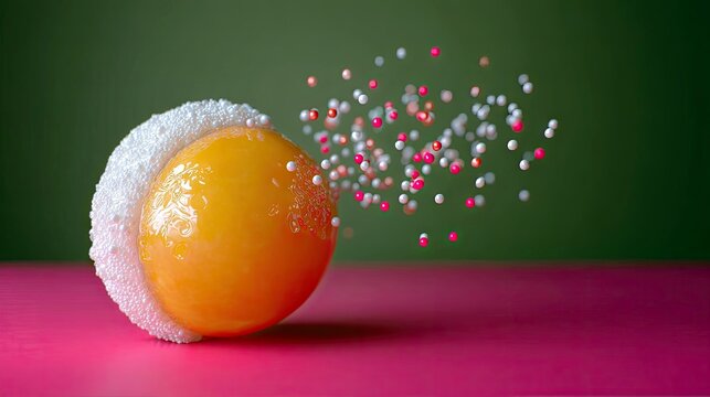 A close-up shot of an egg yolk encased in white foam, with a scattering of colorful sprinkles floating in the air.