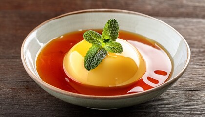 Sweet Dessert In Bowl With Colorful Syrup And Garnish Of Mint Leaves On Wooden Table