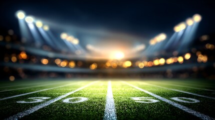 American Football Field Green Turf with Bright Stadium Lights at Night