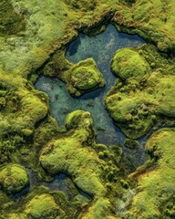 Aerial View of Lush Green Marshland with Clear Water Pools Surrounded by Dense Vegetation in Natural Landscape