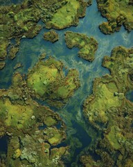 Aerial View of Lush Green Wetlands and Water Patterns in Nature, Capturing Serenity and Biodiversity in Vibrant Ecosystem