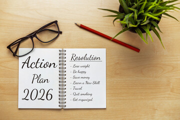 2026 Happy New Year Resolution Goal List and Plans Setting - Business office desk with notebook...