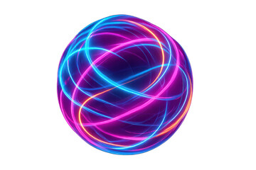 Obraz premium Abstract sphere with spiraling neon light trails, glowing radiant energy lines in blue, pink, and orange concept