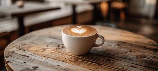 Close up of a latte with heart foam art in a white cup on a rustic wooden table aesthetic