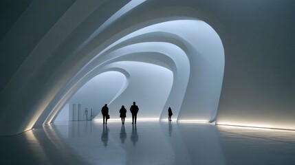 Modern architecture with curved walls and soft lighting creating a serene atmosphere in an indoor space with silhouettes of people
