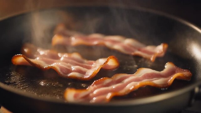 Golden crispy bacon sizzling in a hot pan, releasing rich savory aroma and enticing crackling sounds, creating a mouthwatering breakfast scene full of texture, warmth, and indulgent appeal