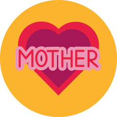 MOTHER text centered over a pink and deep pink heart shape within a yellow circle graphic with a transparent background representing love and family on a white background
