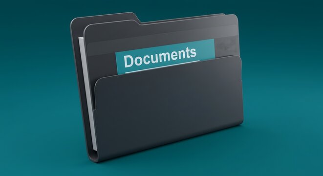 Black folder with a teal document label holding white sheets against a teal backdrop - Powered by Adobe