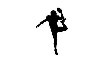 Black silhouette of an American football player leaping, catching the ball against white background