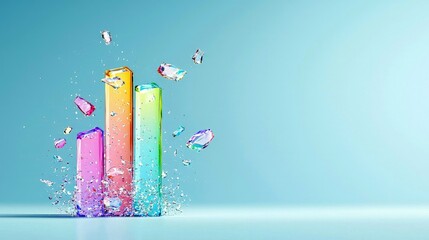 A vibrant, abstract bar graph composed of colorful, translucent crystal-like bars is depicted, with fragments and splashes erupting from them.