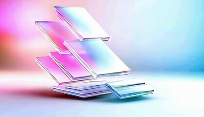 Several translucent, rectangular blocks are arranged in a staggered formation against a soft, gradient background of pink, blue, and white.
