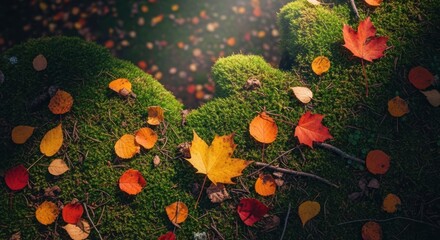Autumn's embrace: Vivid leaves gently resting on the vibrant mossy forest floor