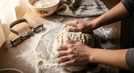 Hands kneading dough on a wooden surface in a warm kitchen environment for homemade baking preparation