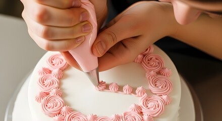 Adding decorative icing details to a pastel cake with precise piping techniques