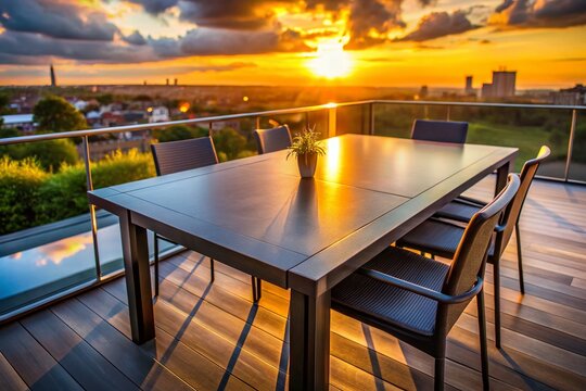 Modern Rooftop Terrace Sunset: Sleek Dark Grey HPL Dining Table