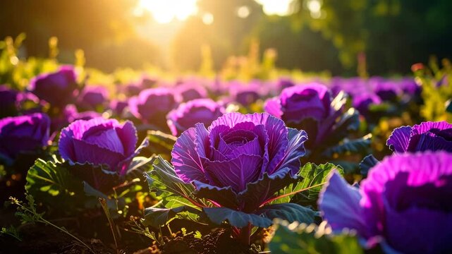 Vibrant Cabbage Patch: A mesmerizing landscape of vibrant purple cabbages basks in the warm glow of the setting sun, presenting a spectacle of nature's beauty and intricate forms. 