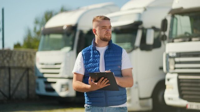 Truck driver inspecting fleet and writing on clipboard
