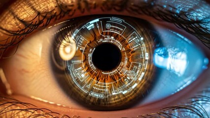 Futuristic eye scan captures data with glowing digital interface, representing technology and surveillance. - Powered by Adobe