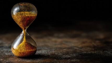 Elegant hourglass with shimmering gold sand against dark background