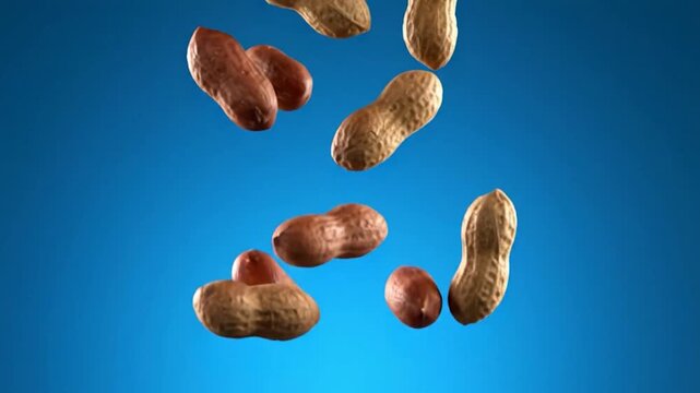 Roasted peanuts both shelled and unshelled floating against a vibrant blue background