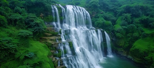 Obraz premium Breathtaking drone view of a waterfall enveloped by lush greenery in a scenic travel destination